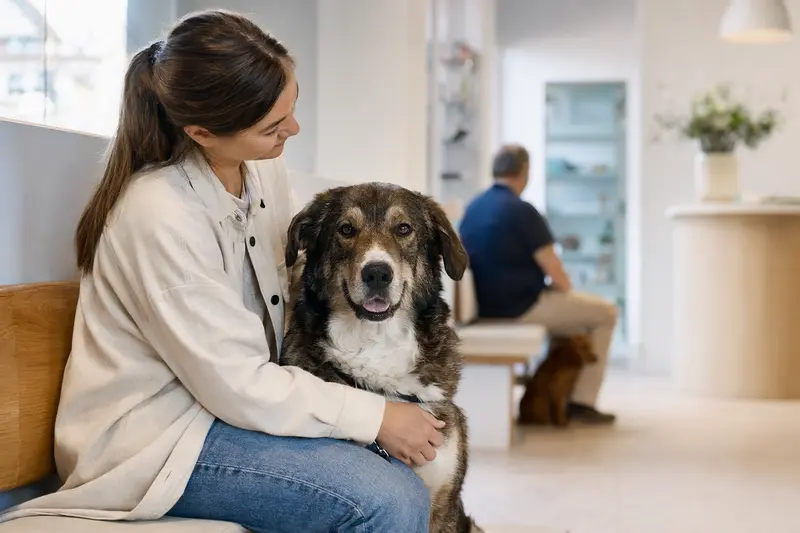 Ein Atlas-Berghund sitzt entspannt neben seinem Besitzer im modernen Wartezimmer einer Tierarztpraxis.